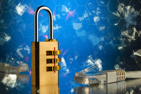 The concept of an encrypted Internet connection. Golden padlock.