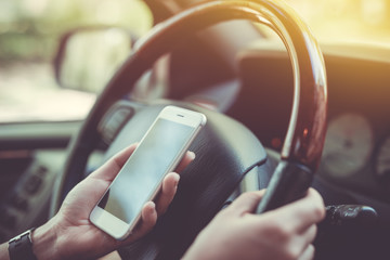 Car navigator. Woman holds the phone to find the route