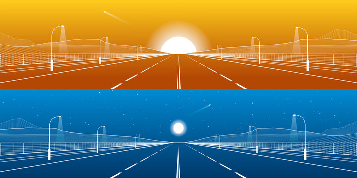 Day and night empty highway panorama set. Big road. Mounrains on background. White lines on blue and orange background, vector design art 