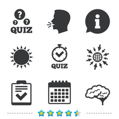 Quiz icons. Checklist and human brain symbols.