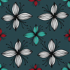 Fototapeta na wymiar Seamless dark blue background with red , green, and grey hand drawn flowers in vintage style. Female ornament fresh and modern abstract graphic.