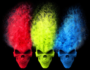 Angry skulls - red, green and blue - exploding into particles