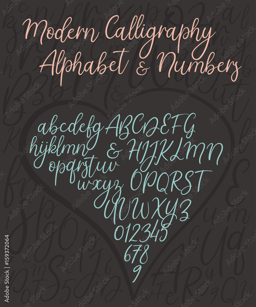 Wall mural modern calligraphy alphabet. handwritten brush script with numbers. vector letters
