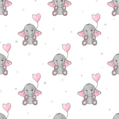 Seamless pattern with cute elephants and heart balloons. Vector background for kids design. Baby print.