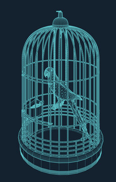 parrot in a bird cage in wire frame style