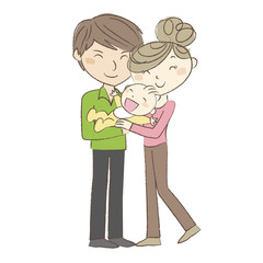 赤ちゃんを抱いて幸せそうに微笑む夫婦