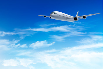Airplane fly in the in a blue cloudy sky. Travel concept. Vector illustration