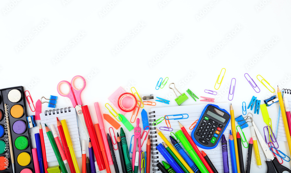 Wall mural school supplies on white background