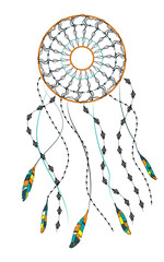 Vector illustration of a dreamcatcher, with threads, beads and coloured feathers, isolated on white background