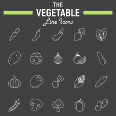 Vegetable line icon set, food symbols collection, vegetarian vector sketches, logo illustrations, linear pictograms package isolated on black background, eps 10.