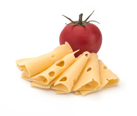 Cheese and tomatoes on a white background