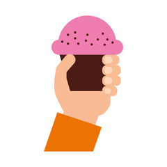 hand human with cup cake sweet icon vector illustration design