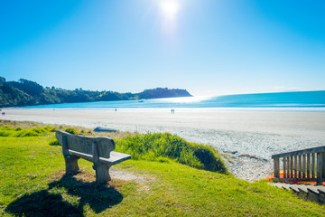 Beautiful view from top in a Waiheke Island, New Zealand with a beautiful blue sky and a white sand...