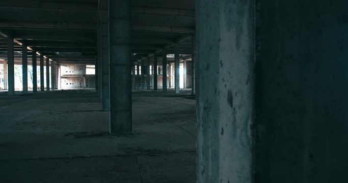 RL DOLLY DX wide angle shot of abandoned building interior. Scary, catastrophe, horror concept. 4K UHD RAW edited footage