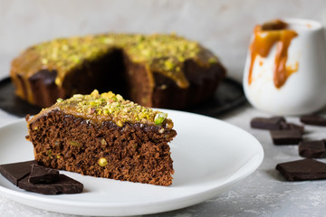 Chocolate cake with pistachios and salted caramel