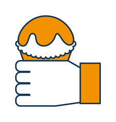 hand human with cup cake sweet icon vector illustration design