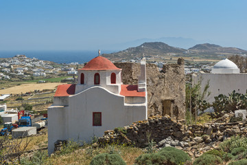 Amazing view of White church with red roof on Mykonos island, Cyclades, Greece