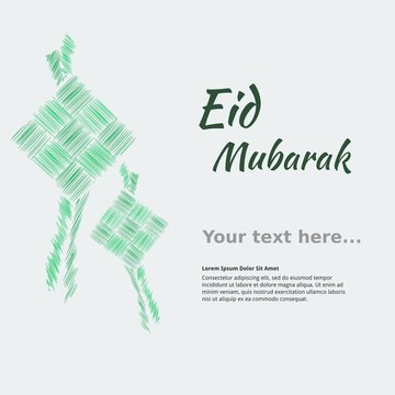 Editable Eid Mubarak Concept with Indonesian or Malaysian Ketupat Packed Rice in Shading Lines Style for Text Background