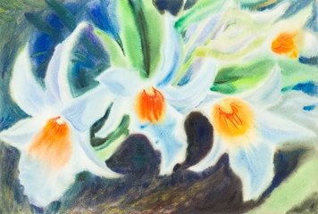 Fototapeta na wymiar Watercolor original painting white color of ochid flower and green leaves.