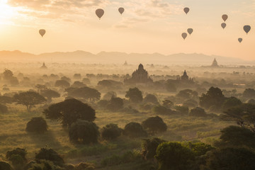 Hot air balloons above pagodas in Bagan, Mandalay, Myanmar