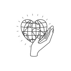 silhouette side view of hand holding in palm a earth globe world in heart shape vector illustration