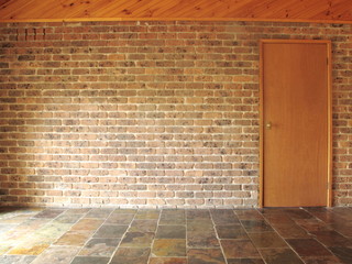 Interior designing brick wall have wood door vintage style, copy space