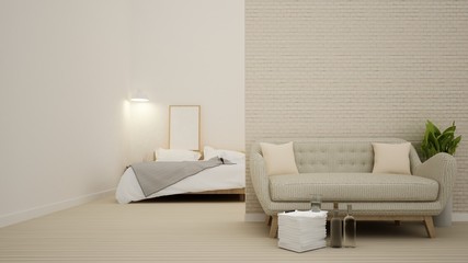 Interior 3d bedroom and living minimal space and brick wall decoration  - 3D Rendering 