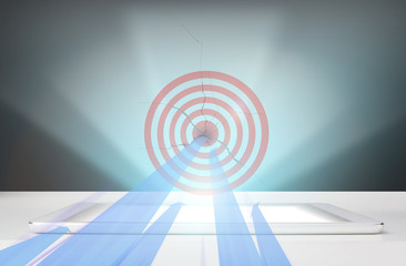 Obraz premium Working a hologram of the earth on the tablet.hologram The arrows reach the goal as a business plan that works as planned to accomplish the goal set. The omnichannel icon flow.