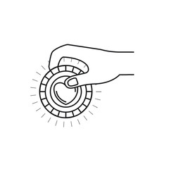 silhouette side view of hand holding a coin with heart shape inside to deposit vector illustration