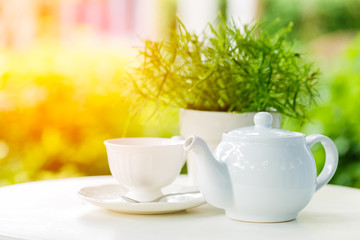 Cup of tea and teapot on a blurred background of nature