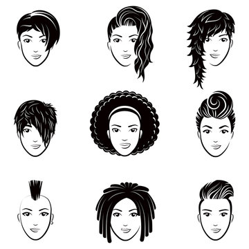 Vector set of stylized logo with beautiful women hairstyles. Fashion stylish collection of fashionable hairstyle.