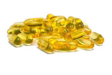 Cod liver oil omega 3 gel capsules isolated on white background