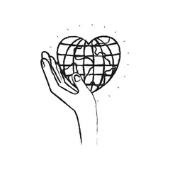 blurred silhouette left hand holding in palm a earth globe world in heart shape vector illustration