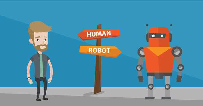 Young caucasian man and robot standing at road sign with two pathways - human and robot. Concept of choice between artificial intelligence and human. Vector flat design illustration. Horizontal layout