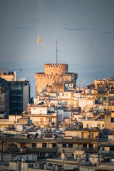 White Tower, Vertical, Rare Aerial  Birds Eyes View of Thessaloniki city Center, Greece