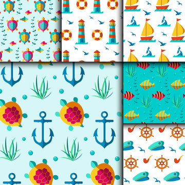 Seamless vector patterns with nautical elements wave marine collection paper sea background