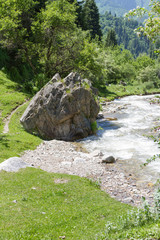 Mountain creek with a large boulder