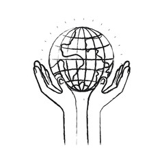 blurred silhouette hands with floating earth globe world charity symbol vector illustration