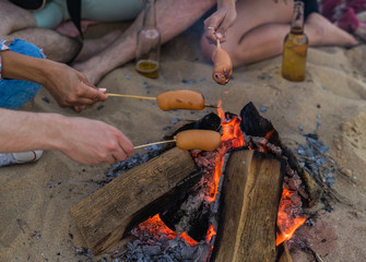 Closeup view of young and cheerful friends sitting on beach and fry sasuages or weenies in bonfire One man is playing guitar. Music on Wild beach