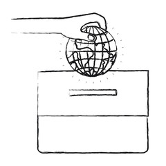 blurred silhouette front view hand with flat globe earth world depositing in a carton box vector illustration