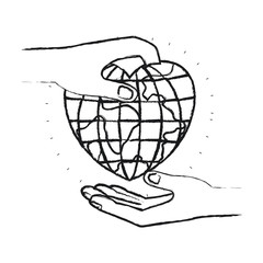 blurred silhouette side view of palm human holding a earth globe world in heart shape to deposit in other hand vector illustration
