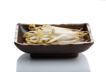Mung bean sprouts in a brown ceramic rectangular bowl isolated on white background. Superfood.