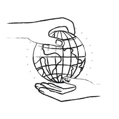 blurred silhouette side view of palm human holding a earth globe world charity symbol to deposit in other hand vector illustration