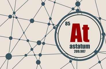 Astatum chemical element. Sign with atomic number and atomic weight. Chemical element of periodic table. Molecule And Communication Background. Connected lines with dots.