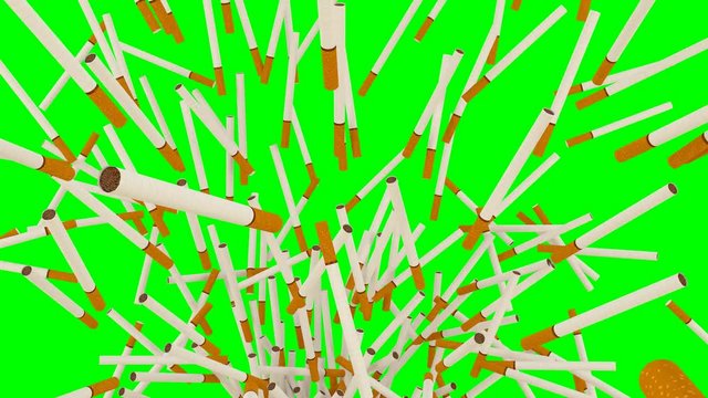 Animated exploding or bursting cigarettes against green background. High angle shot.