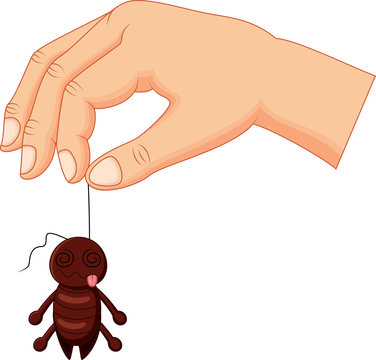 Cartoon hand holding dead cockroach