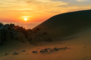 Sand dunes on Patara beach at sunset. Turkey
