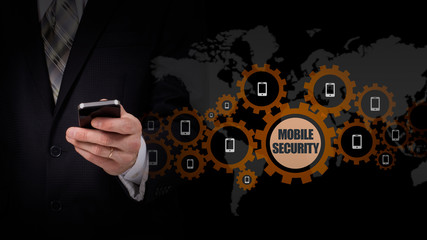 Business concept, businessman with smartphone. Worldwide connection technology. Mobile security.