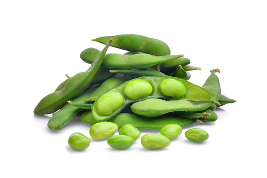 pile of green edamame beans isolated on white background