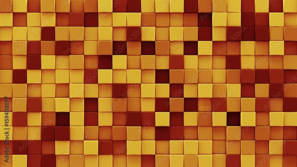 Poster chaotic extruded orange cubes mosaic wall. geometric 3d render smooth animation. computer generated 